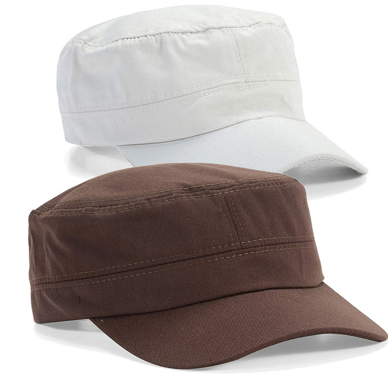 LERTREE 2Pcs Adjustable Unisex Flat Top Twill Classical Baseball Cap Military Hat 22-23.6 in Cadet Cap Coffee+white - BeesActive Australia