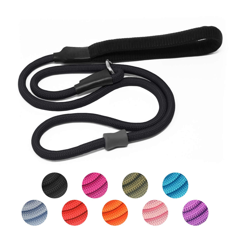 Strong Slip Rope Dog Training Leash (4ft) - Heavy Duty Durable Braided Nylon Lead with Rubber Stopper & Padded Handle - No Pull Walking Climbing for Medium Large Dogs Black 1/2" x 4ft - BeesActive Australia