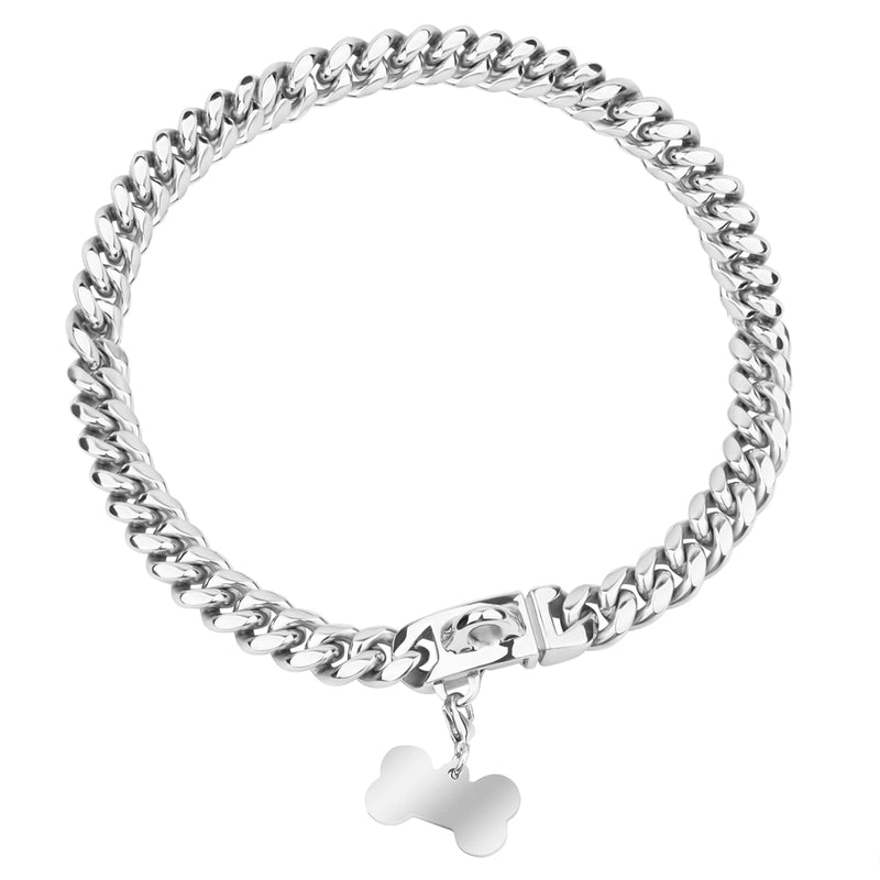Strong Metal Dog Collars with Safety Buckle, 14mm Wide 316L Stainless Steel Cuban Link Chain Training Dog Collar Necklace for Small Medium Large Dogs A-Silver 18inch - BeesActive Australia