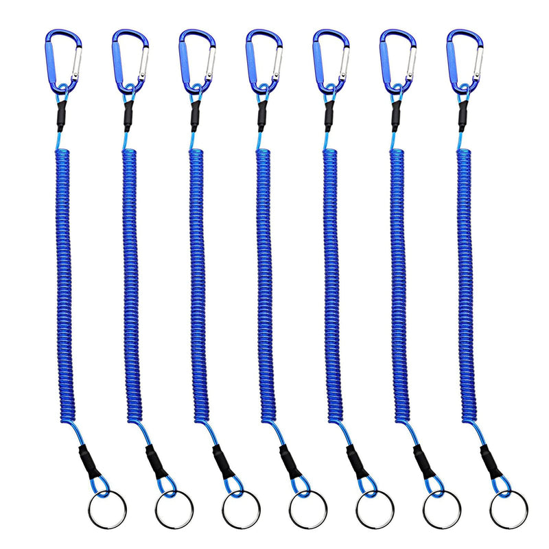 LAIBOREC Fishing Lanyards, 7PCS Retractable Steel Wire Coiled Lanyard Safety Fishing Tool Ropes Accessories with Carabiner and Split Ring for Pliers Lip Grips Tackle, Boating, Kayak (Blue) - BeesActive Australia