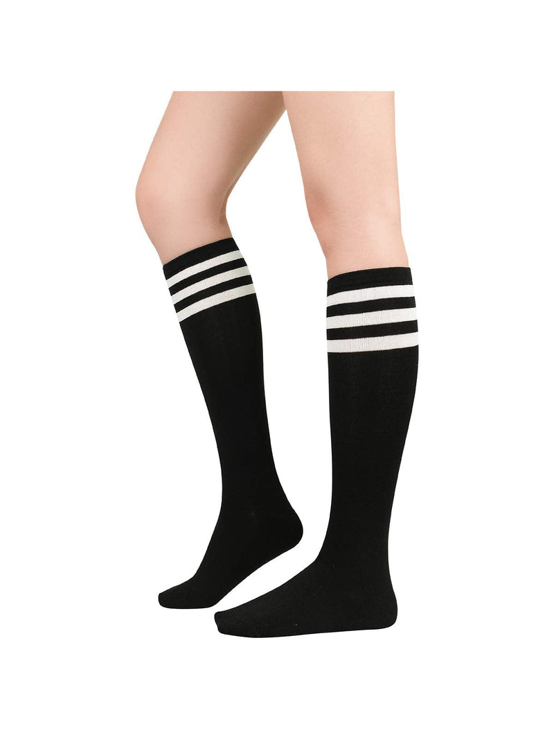 Century Star Women's Knee High Socks Athletic Thin Stripes Tube Socks High Stockings Outdoor Sport Socks One Size 01 Pack Black White - BeesActive Australia