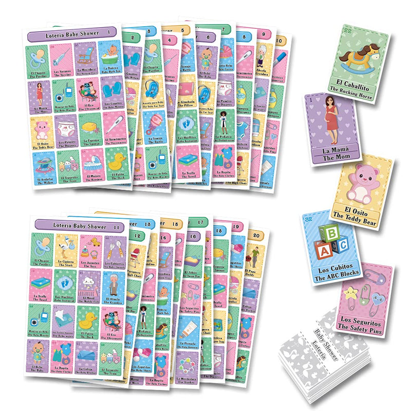 MoreFiesta Baby Shower Loteria Bingo Bilingual - English Spanish, for 20 Players - BeesActive Australia