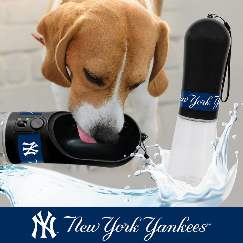 MLB Dog Water Bottle for Travel, Indoor & Outdoor. Large Bowl with 13.5oz Water Capacity. 2 Carbon Filters Included. Press Button to Release Water. Lock Button for Extra Safety. No Leaking New York Yankees - BeesActive Australia