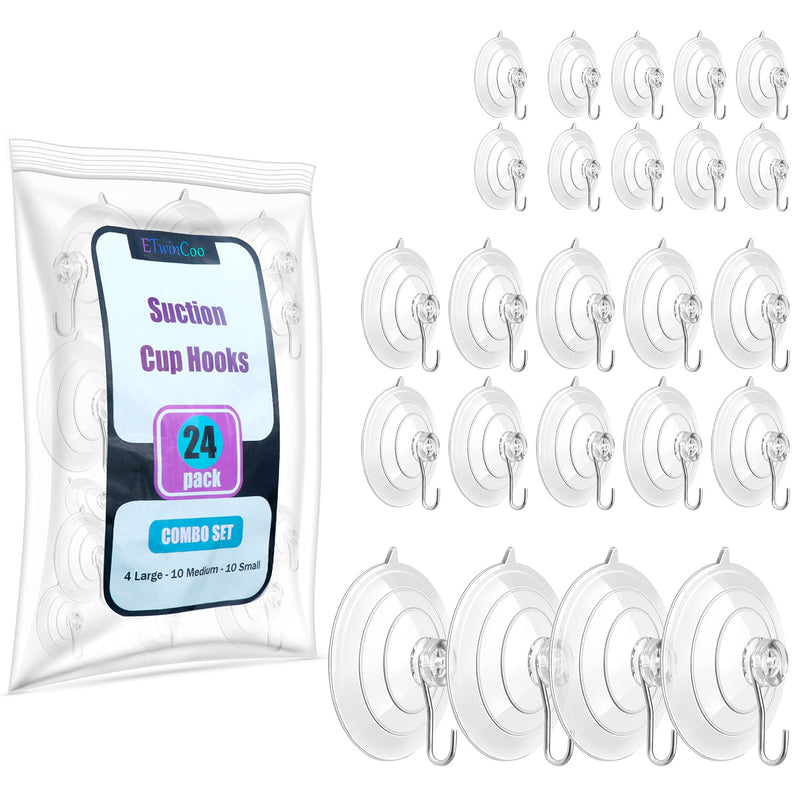 24 Pack All-Purpose Suction Cups Hooks Combo Set of Strongest Window Suction Cups with Hooks (4 Large, 10 Medium, 10 Small) 24 - BeesActive Australia