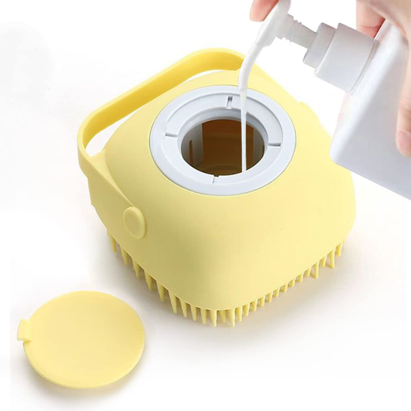 ELEGX Pet Grooming Bath Massage Brush with Soap and Shampoo Dispenser Soft Silicone Bristle for Long Short Haired Dogs Cats Shower (Yellow) Yellow - BeesActive Australia