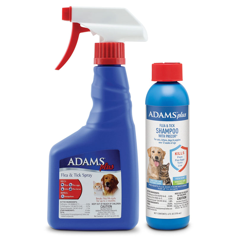 Adams Plus Flea & Tick Spray for Dogs and Cats Kills Adult Fleas, Flea Eggs, Flea Larvae, Ticks, and Repels Mosquitoes for Up to 2 Weeks Controls Flea Reinfestation for Up to 2 Months 16 Ounces Shampoo Bundle - BeesActive Australia