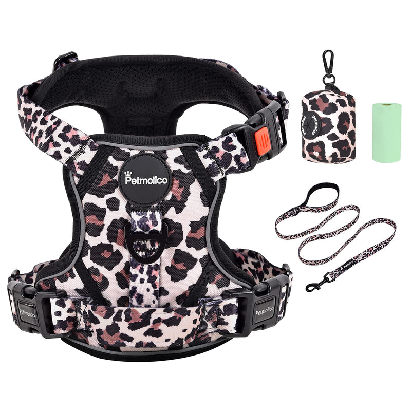 Petmolico No Pull Dog Harness Set, 2 Leash Attchment Easy Control Handle Reflective Vest Dog Harness and Leash Set with Poop Bag Holder Including Free Waste Bag for Small Medium Large Dogs Leopard - BeesActive Australia