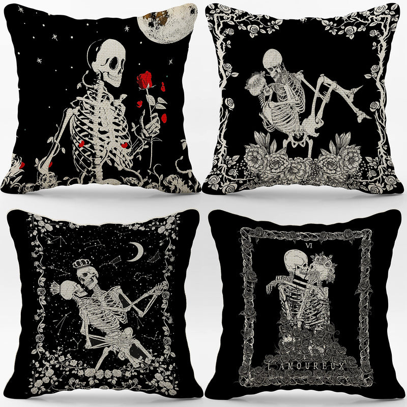 Skull The Kissing Lovers Art Linen Throw Pillow Case, 18 x 18 Inch Set of 4, Gift for Wife, Girlfriend, Gift for Couples, for Tarot Lovers, Skull Lovers, Wedding, Cushion Cover for Sofa Couch Bed - BeesActive Australia
