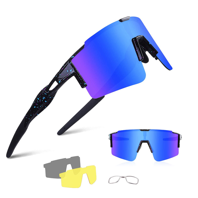 BangLong Cycling Sunglasses Polarized Sports Glasses for Men Women with 3 Interchangeable Lenses for Running Baseball Glasses Black Blue - BeesActive Australia
