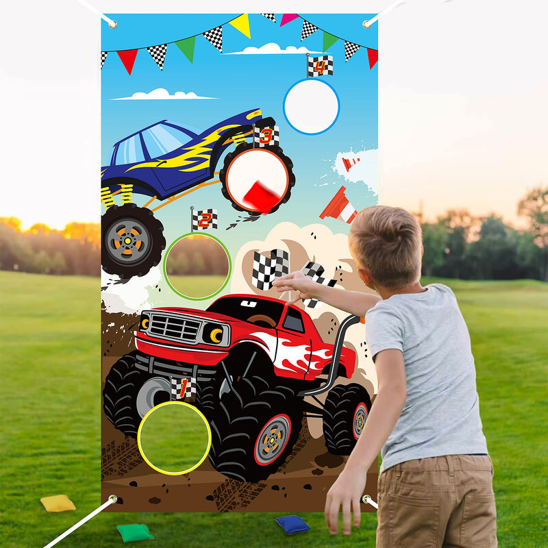 BeYumi Monster Truck Toss Game Banner with Bean Bags Checkered Party Game for Indoor Outdoor Activities 4 Score Holes Game Monster Truck Theme Birthday Party Supplies for Kid Adult - BeesActive Australia
