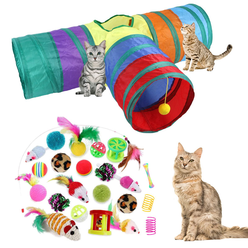 32Pcs Cat Toys Kitten Interactive Pet Toys Assortments, Foldable Rainbow S-Tunnel, Cat Feather Teaser, Wand Interactive Feather Toy, Fluffy Mouse, Crinkle Balls, Bell Play for Cat, Puppy, Kitty, Kitten 3 way - BeesActive Australia