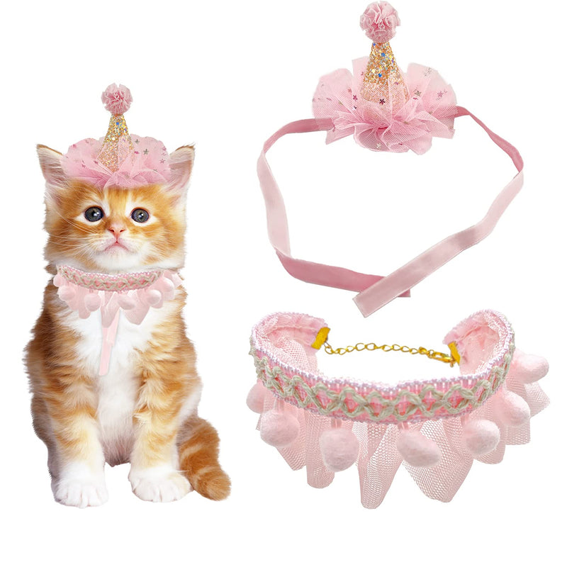Birthday Hat Scarf Set for Pet Puppy Cat, Cute Lace Bandana Bib Scarf Crown Hat Princess Costume for Cats Small Dogs, Outfit for Birthday Party Pink - BeesActive Australia