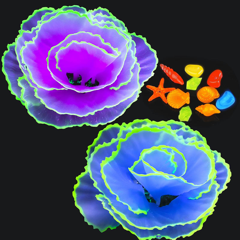 Livfodrm Glowing Fish Tank Decorations Glow Aquarium Decor Coral Ornaments, 2pcs Silicone Flower Plants and 10pcs Colourful Sea Shells/Luminous Stone Glow in The Dark for Aquarium Decoration - BeesActive Australia