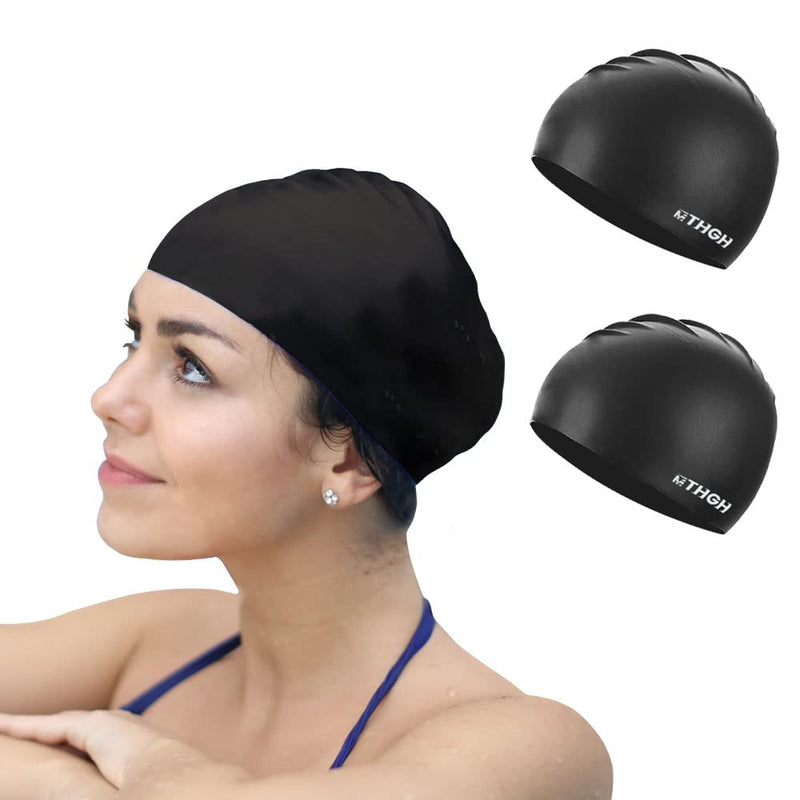 Swim Cap for Kids Girls Boys, Swimming Cap for Long Hair, 2Pack Silicone Swimmer Cap for Youths Unisex Black - BeesActive Australia
