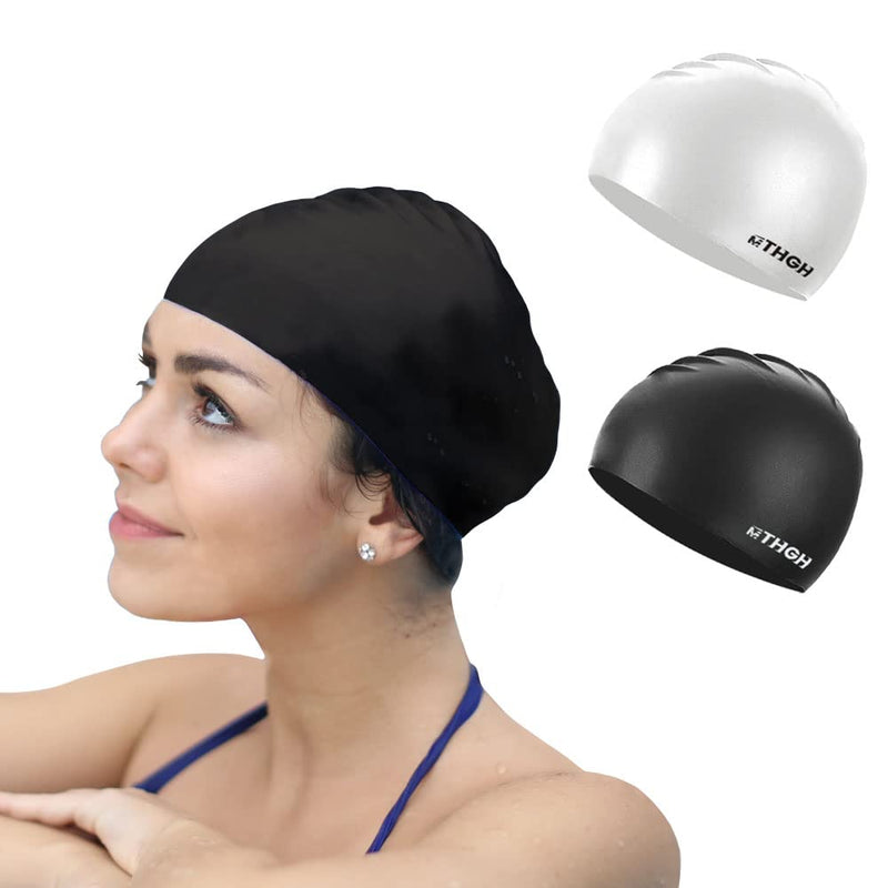 Swim Cap for Kids Girls Boys, Swimming Cap for Long Hair, 2Pack Silicone Swimmer Cap for Youths Unisex Black+White - BeesActive Australia