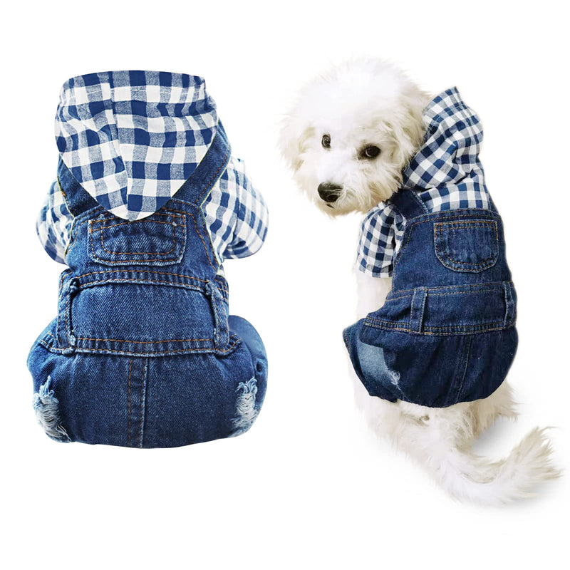 Pet Clothes Denim Dog Jeans Jumpsuit Striped or Grid Overall Hoodie Coat for Small Medium Puppy Cat Blue Plaid - BeesActive Australia