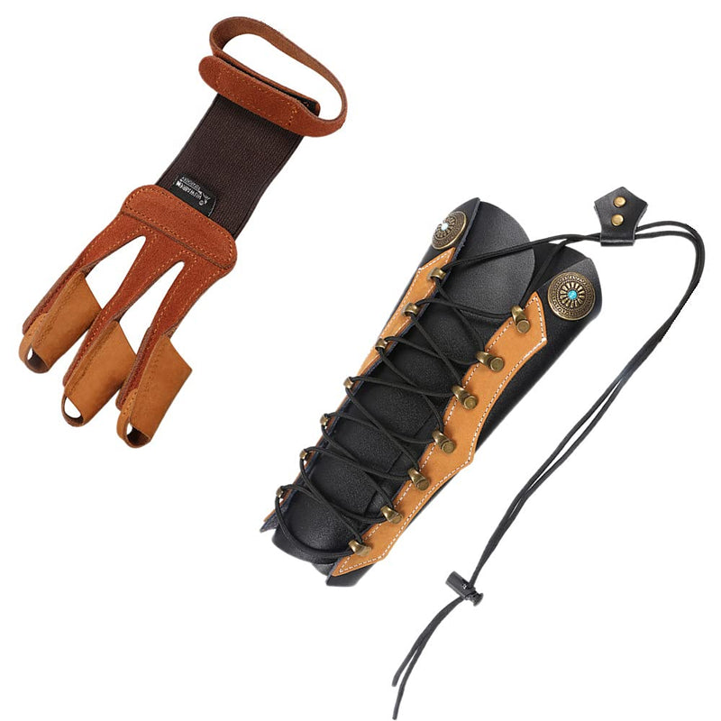 Huntingdoor Arm Guards Archery Leather Arm Protector+Huntingdoor Soft 3 Finger Archery Glove Black and Brown - BeesActive Australia