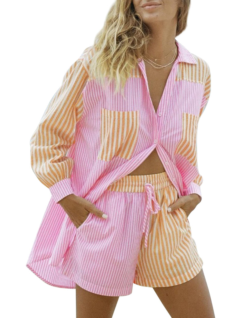 SAFRISIOR Women’s 2 Piece Casual Tracksuit Outfit Sets Stripe Long Sleeve Shirt And Loose High Waisted Mini Shorts Set Medium Pink&yellow - BeesActive Australia