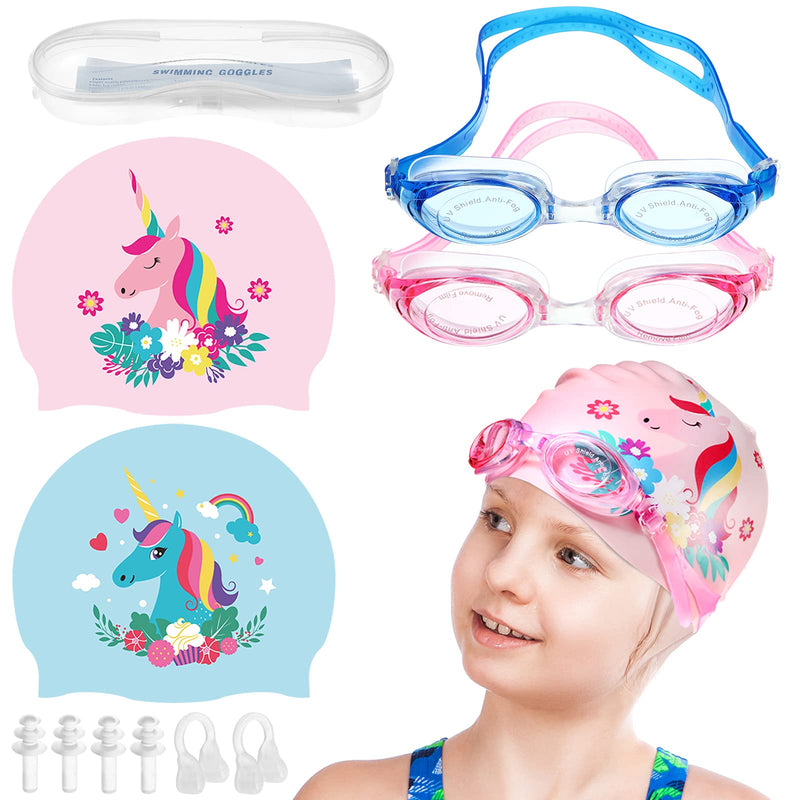 4 Pieces Swim Cap Kids Unicorn Silicone Waterproof Age 2-12 Cute Swim Caps with Goggles for Long and Short Hair Kids Children Boys Girls Toddler at Beach Pool Fun Lessons - BeesActive Australia