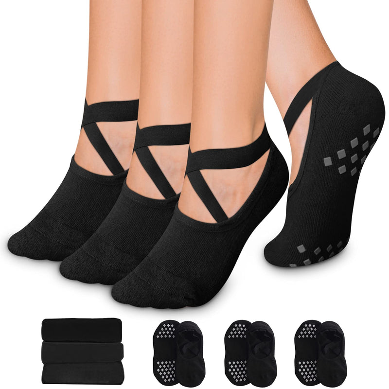 Grip Socks Yoga Socks with Grips for Women and Men Non Slip, Pilates, Workout, Pure Barre, Ballet, Dance, Hospital Socks 01 Black - 3 Pairs 5.5-9 - BeesActive Australia