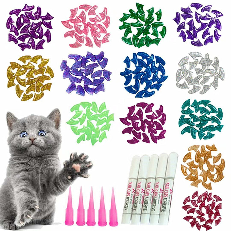 YMCCOOL 100pcs Cat Nail Caps Glitter Cat Claw Covers Kitten Nail Caps Pet Tips with Adhesives and Applicators S - BeesActive Australia
