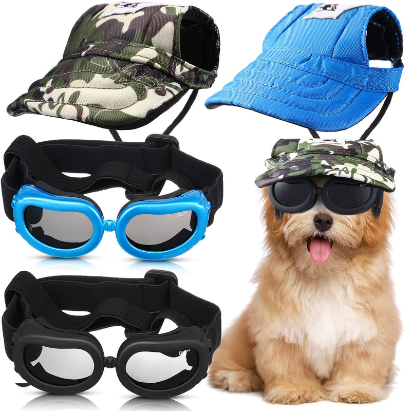 2 Pack Baseball Pet Cap 4.3 Inch Diameter Dog Hat Visor Sunbonnet Outfit with Ear Holes and Adjustable Chin Strap Dog Goggles Dog Eyewear with Adjustable Strap for Puppy Doggy Blue Camouflage - BeesActive Australia