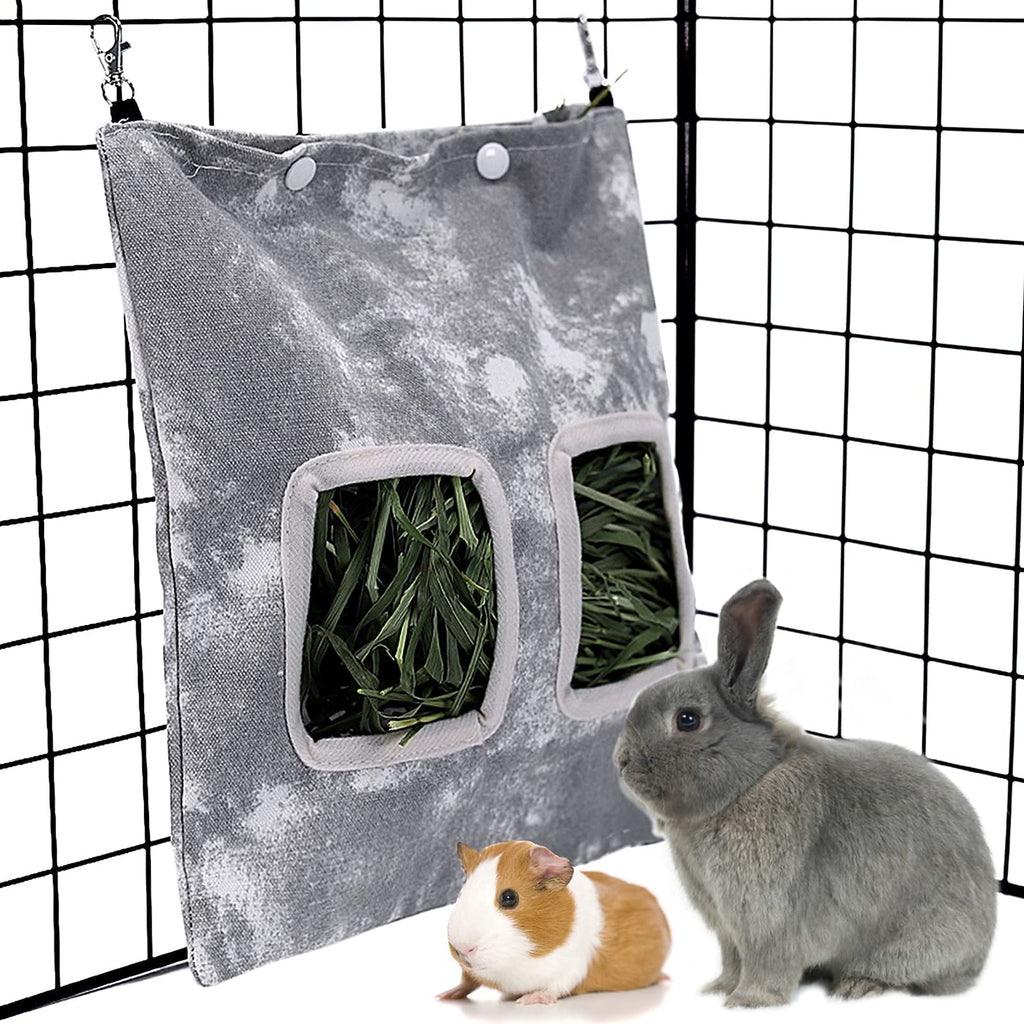 LeerKing Rabbit Hay Feeder Bag, Hanging Canvas Hay Feeder Guinea Pig with Clips, Hay Holder Bag for Rabbits Bunny Guinea Pig and Other Small Animals Grey - BeesActive Australia
