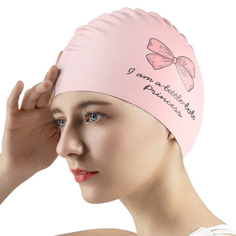 Swim Cap for Women Men，COPOZZ Comfy Silicone Waterproof Swimming Caps/Bathing Hat for Long & Short Hair Pink Bow - BeesActive Australia