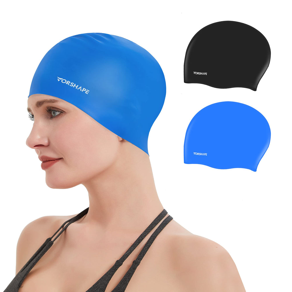 Vorshape Swim Caps for Women Long Hair (2 Pack), Durable Silicone Swimming Caps for Women Men Adults Youths, Easy to Put On and Off, 6 Colors Black&Blue - BeesActive Australia