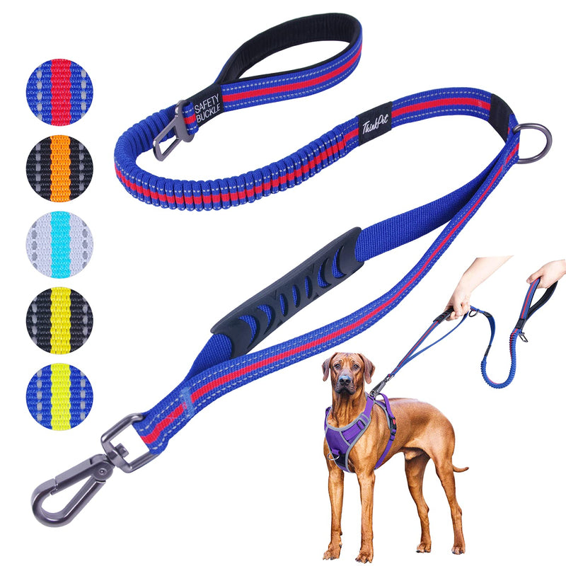 ThinkPet Dog Leashes –Traffic Control Double Handle Leash, 2 Handles Leash Comfortable Padded Heavy Duty Bungee No Pull Reflective Lead with Car Seat Belt for Medium Large Dogs Training Walking 4FT bluered - BeesActive Australia