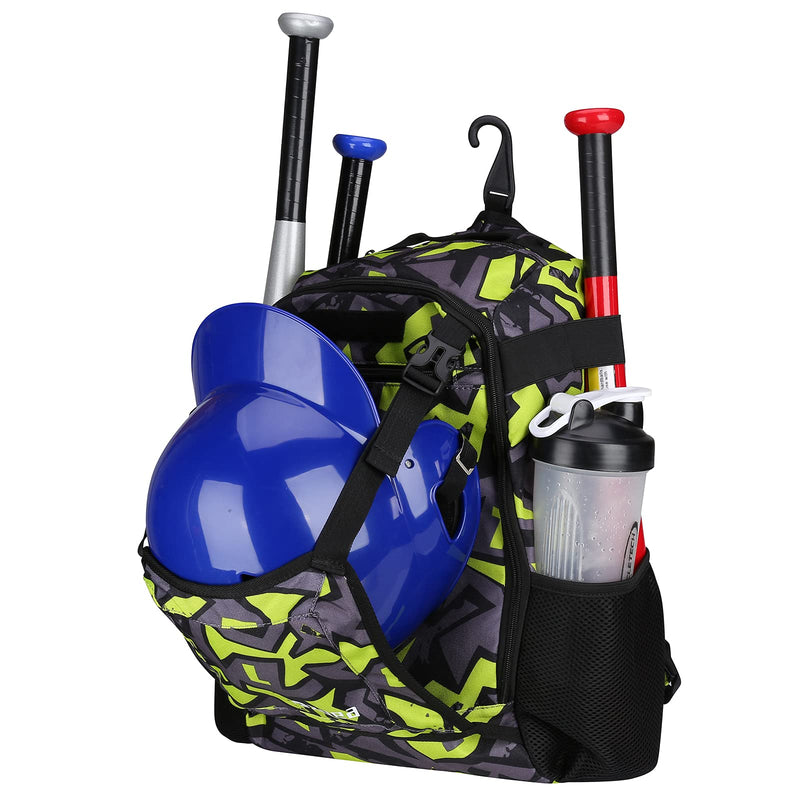 ZOEA Youth Baseball Bat Bag Backpack, T-Ball & Softball Equipment & Gear for Youth, Large Capacity Holds 2 Bats, Helmet, Gloves, Cleats, Helmet Holder and Includes Fence Hook Green - BeesActive Australia