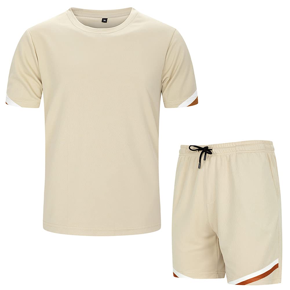 Men's 2 Pieces Athletic Sports Sets T-Shirt and Shorts Set Mesh Tracksuit Outfits Khaki XX-Large - BeesActive Australia
