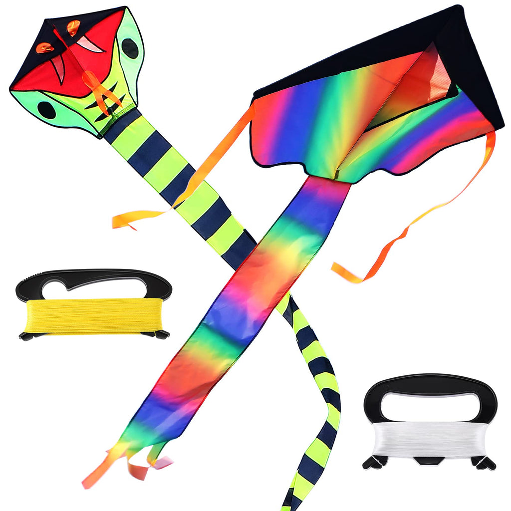 Skylety 2 Pack Colorful Kites Kit Including Large Rainbow Kite and Cobra Kite with Beautiful Tails Collapsible Large Easy Flyer Kite for Kids and Adults Children Outdoor Game Activities Beach Trip - BeesActive Australia