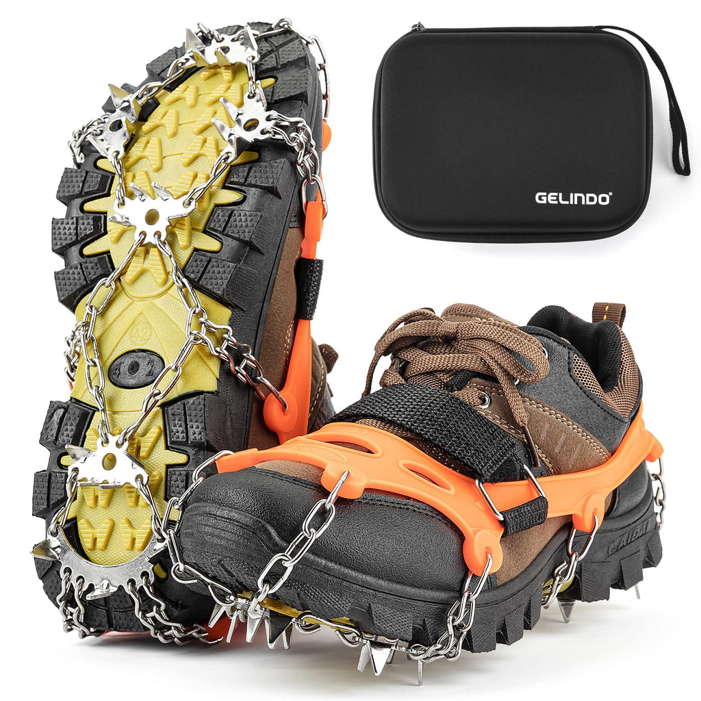 Gelindo Crampons Ice Cleats Traction, 23 Spikes Stainless Steel for Snow Shoes Boots, Safe Protection for Hiking, Walking, Climbing, Jogging, Mountaineering on Snow Muddy Road Anti-Slip 23-Orange Medium - BeesActive Australia