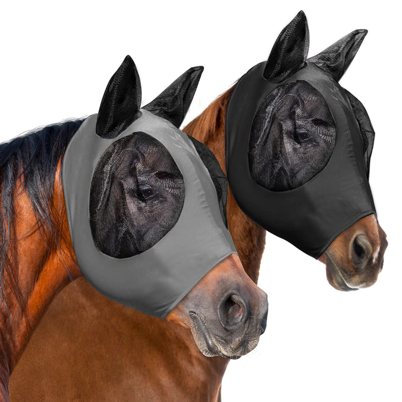 2 Pieces Horse Fly Mask, Horses Mask with Ears and Long Nose Protection, Smooth & Elasticity Lycra Fine Mesh Horse Head Cover with UV Protection Black,Gray L - BeesActive Australia