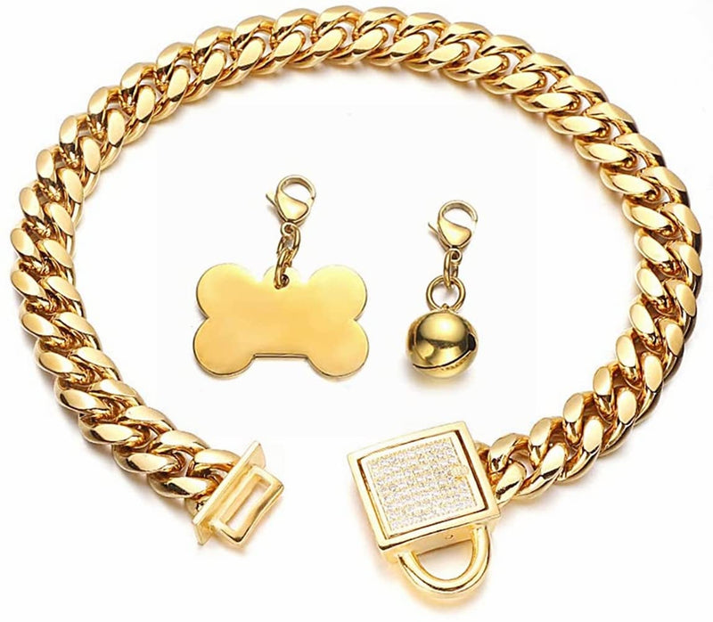 Aiyidi Gold Dog Chain Collar 10mm Wide Cuban Link Puppy Collar Golden Dog tag Golden Bell Stainless Steel with Bling Cubic Zirconia Secure Buckle Choke Collar for Dogs(10'') 10inch(for 8-9.5inch dog's neck) - BeesActive Australia