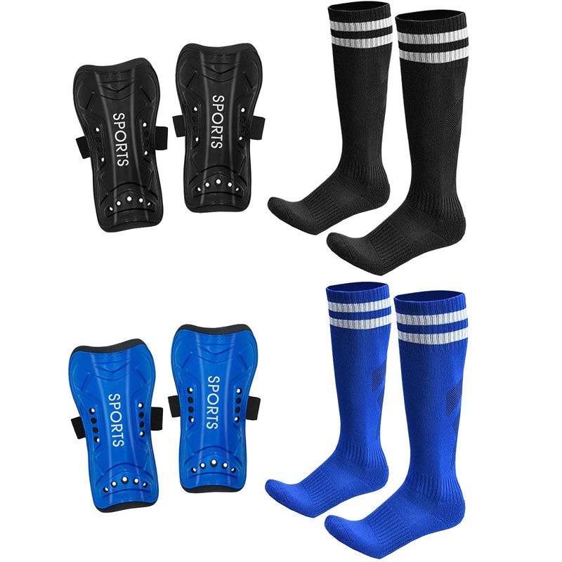 AIMISICAR Soccer Shin Guards Toddler Kids Youth, Shin Pads and Long Soccer Socks for 3-15 Years Old Boys and Girls for Football Games, Lightweight and Breathable Soccer Equipment Shin Guards + Socks, Black + Blue M ( 3'9" - 4'6" Tall ) - BeesActive Australia