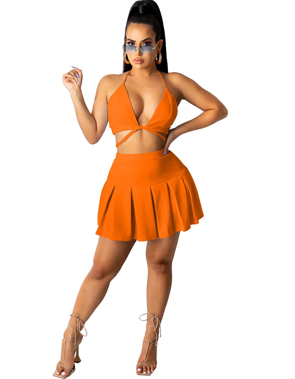 Skirt Sets Women 2 Piece Outfits - Sexy Halter V Neck Crop Top Tennis Golf Mini Skater Skorts Skirts Athletic Dress Suit Medium Orange - BeesActive Australia