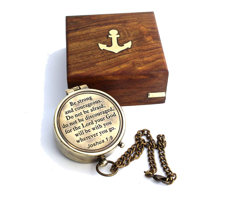 "Be Strong and Courageous Do Not Be AfraidAntique Nautical Vintage Directional Magnetic Compass with Famous Scripture Quote Engraved Baptism Gifts with Wooden Case for Loved Ones, Son, Father, Love, - BeesActive Australia