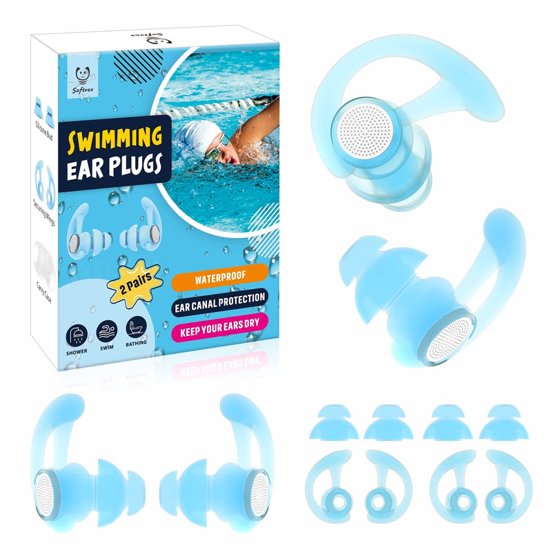 Swimming Ear Plugs 2 Pairs, Waterproof Reusable Swimmers Earplugs Upgraded Custom-fit Water Ear Plugs, for Swimmers Water Pool Shower Bathing Surfing Snorkeling and Other Water Sports Blue - BeesActive Australia