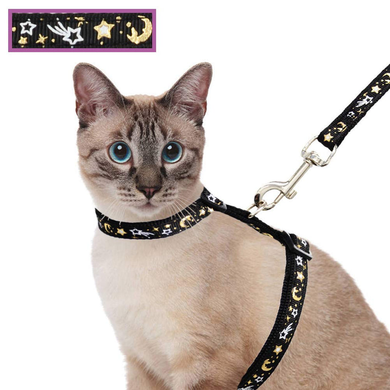 Cat Harness and Leash Set for Outdoor Walking Escape Proof Adjustable Soft Safety Strap with Golden Star and Moon Design Glow in The Dark Black L - BeesActive Australia