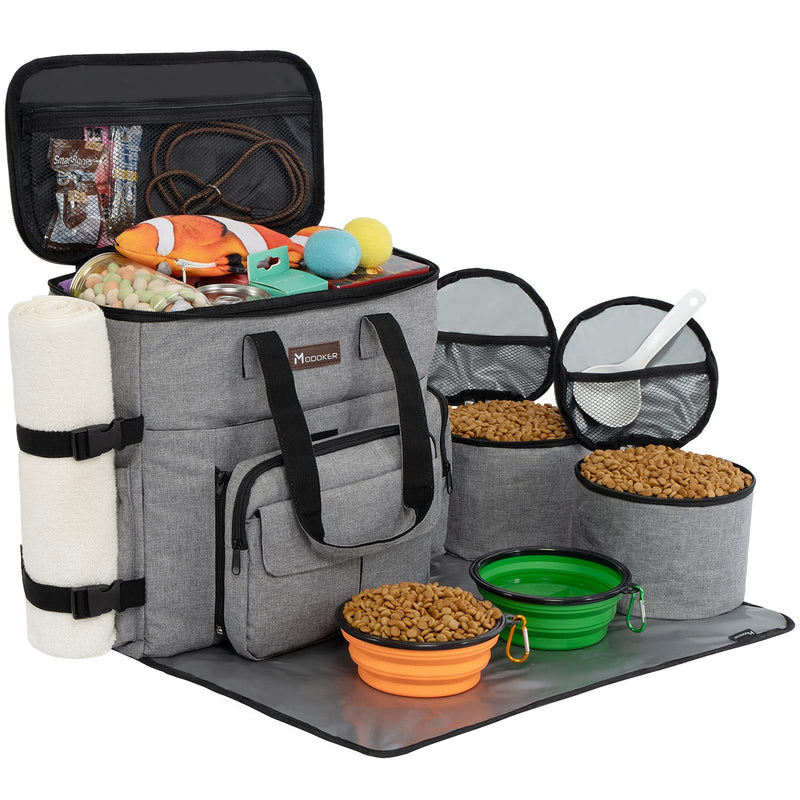 Modoker Dog Travel Bag with Dog Backpack, Airline Approved Pet Travel Bag with Shoulder Strap, 2 Collapsible Dog Bowls, 2 Travel Dog Food Container Grey - BeesActive Australia