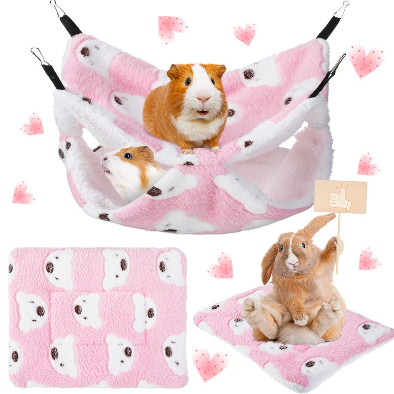 2 Pieces Guinea Pig Hammock and Mat Bed Set Soft Mat Guinea Pig Cage Accessories Hideout Tunnel Cave Thicken Fancy Bunkbed Hammock for Rat Ferret Sugar Glider Pink Bear - BeesActive Australia