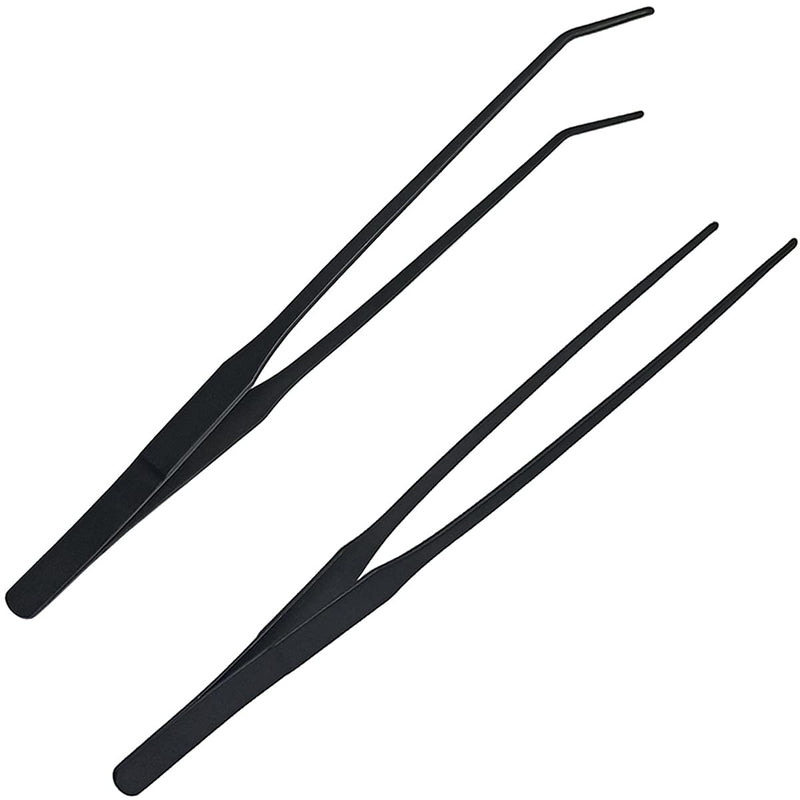2 Pcs Feeding Tongs, Aquarium Tweezers Stainless Steel Straight and Curved Tweezers Set 27cm/10.6 inches Aquascaping Tools for Hold Worms, Reptiles, Lizards, Bearded Dragon (Black) - BeesActive Australia