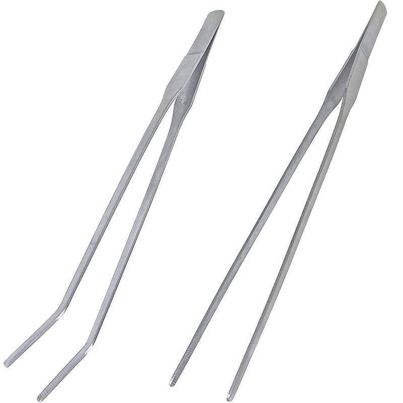 2 Pcs Feeding Tongs, Aquarium Tweezers Stainless Steel Straight and Curved Tweezers Set 27cm/10.6 inches Aquascaping Tools for Hold Worms, Reptiles, Lizards, Bearded Dragon (Silver) - BeesActive Australia