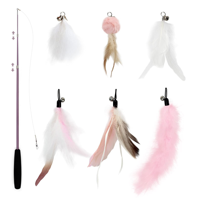 SONGWAY Interactive Cat Feather Toys - 7 Pcs Cat Toy Set, Retractable Cat Wand Toy, Teaser Refills Worm Bird Feathers with Bell, Cat Teaser Toys for Indoor Cats Kitten Play Chase Exercise, Light Pink - BeesActive Australia