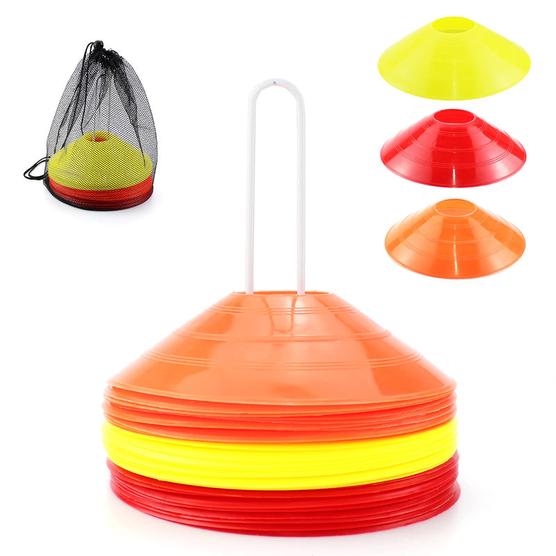 MR.FOAM Pro Disc Cones,30pc Agility Soccer Cones Sports with Carry Bag and Holder for Kids Training Football Basketball and Games Field Cone Markers Include 10 Red 10 Yellow and 10 Orange Cones - BeesActive Australia