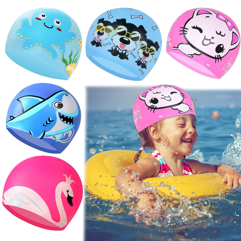 ANYI 5 Pieces Kids Swim Caps, Silicone Swimming Cap for Girls and Boys, Waterproof Comfy Bathing Cap Children Swimming Pool Hats for Long Hair Short Hair, Comfy Bathing Cap for Kids, Toddler, Women - BeesActive Australia