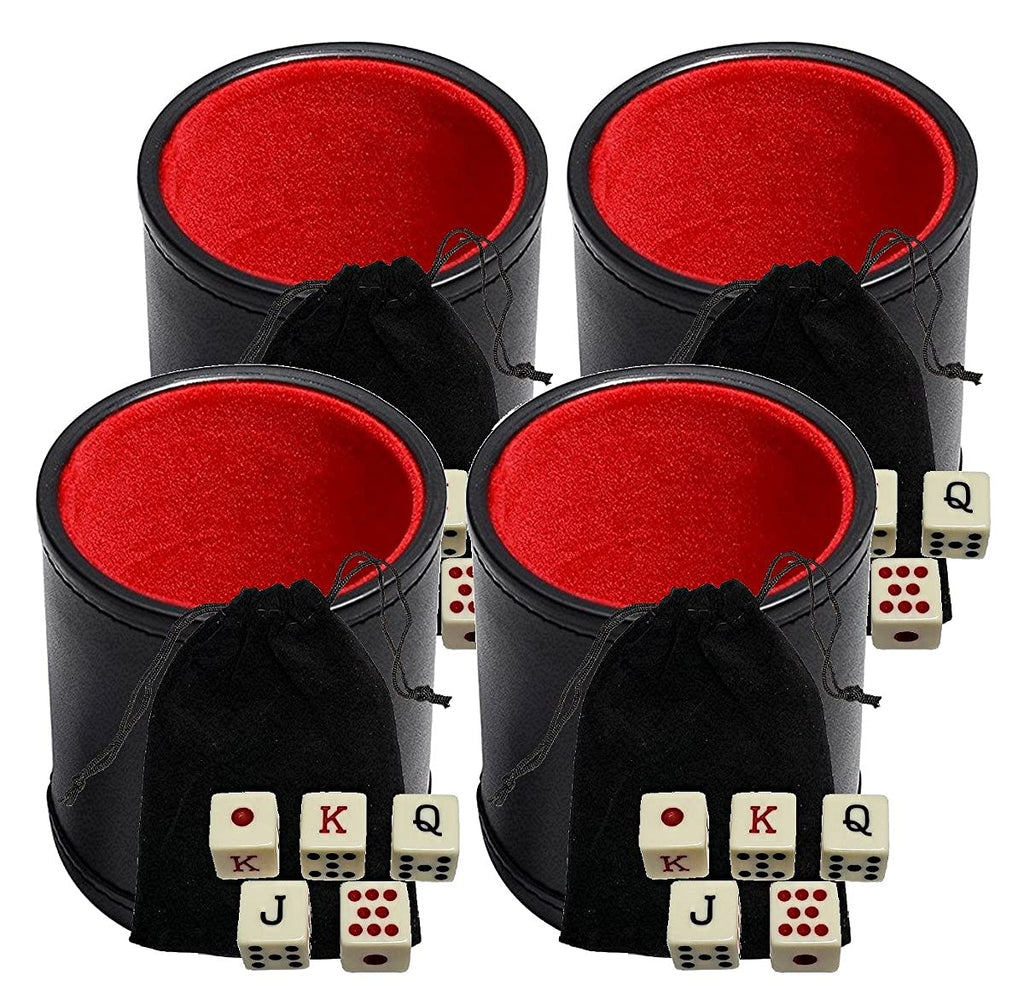 Cyber-Deals Black PU Leather Red Felt Lined Dice Cup with Spanish Poker Dice in Storage Pouch Set 4 Sets - BeesActive Australia