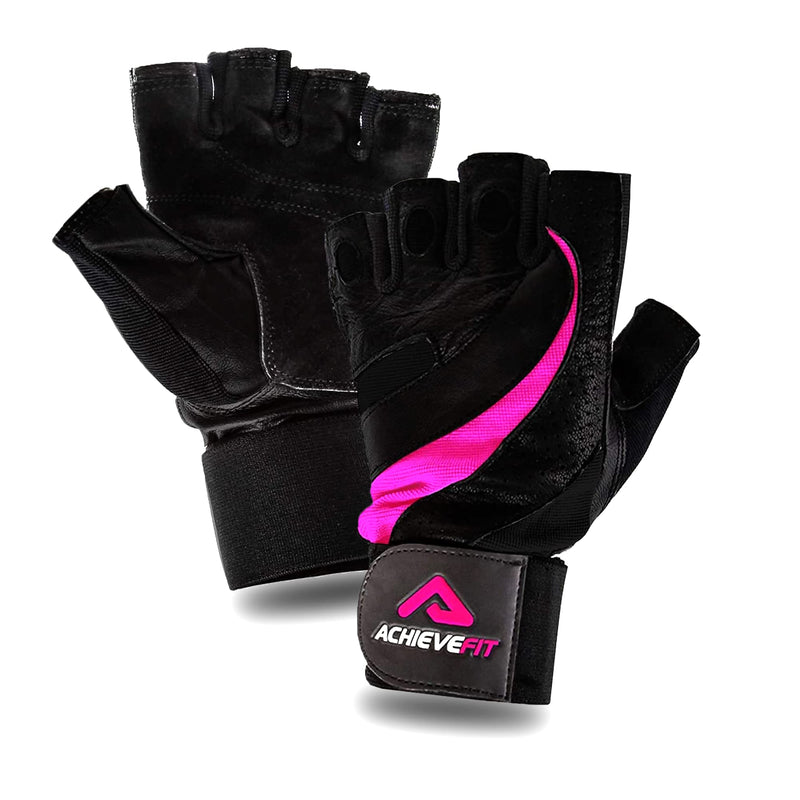 ACHIEVE FIT Weightlifting Gloves - Leather Palm for Fitness savvy Men & Women Firm Grip, Control & Comfort for Weight Lifting, Crossfit Training, Gym Workout (Pair) Large, With Wrist Support Black/Pink - BeesActive Australia
